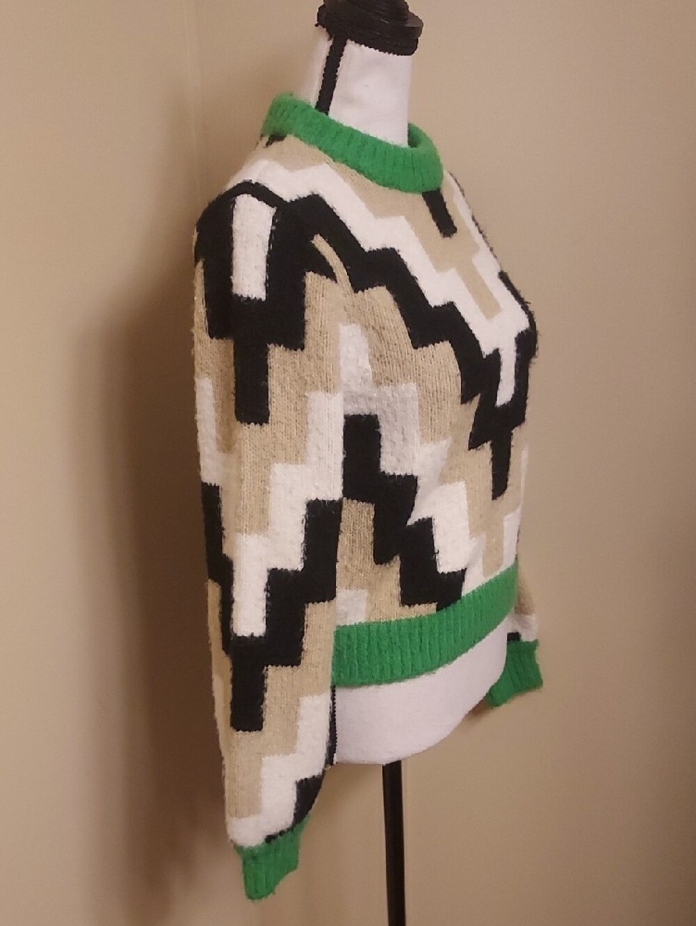 Callahan Green, Cream & Black Geometric Crewneck Sweater - Picture 3 of 5